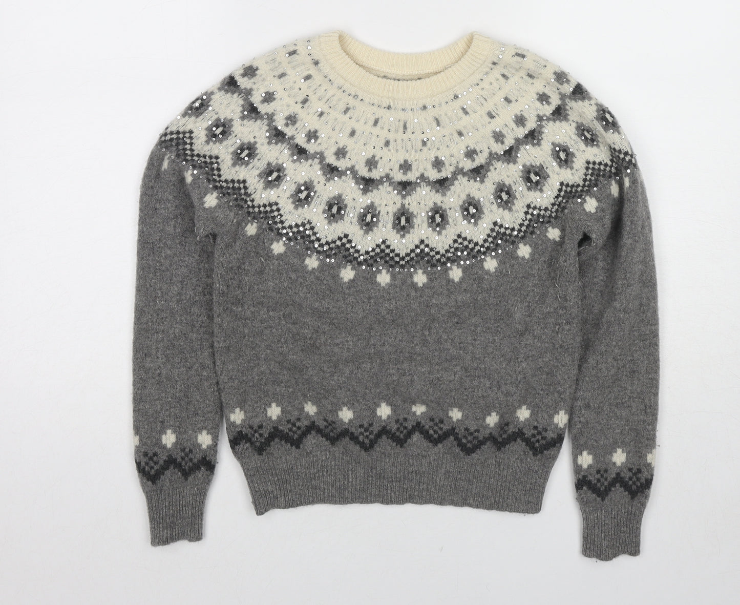 Jack Wills Womens Grey Round Neck Fair Isle Wool Pullover Jumper Size 8
