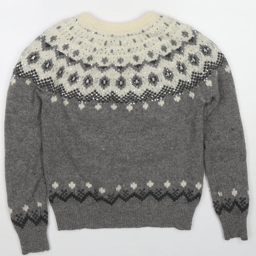 Jack Wills Womens Grey Round Neck Fair Isle Wool Pullover Jumper Size 8