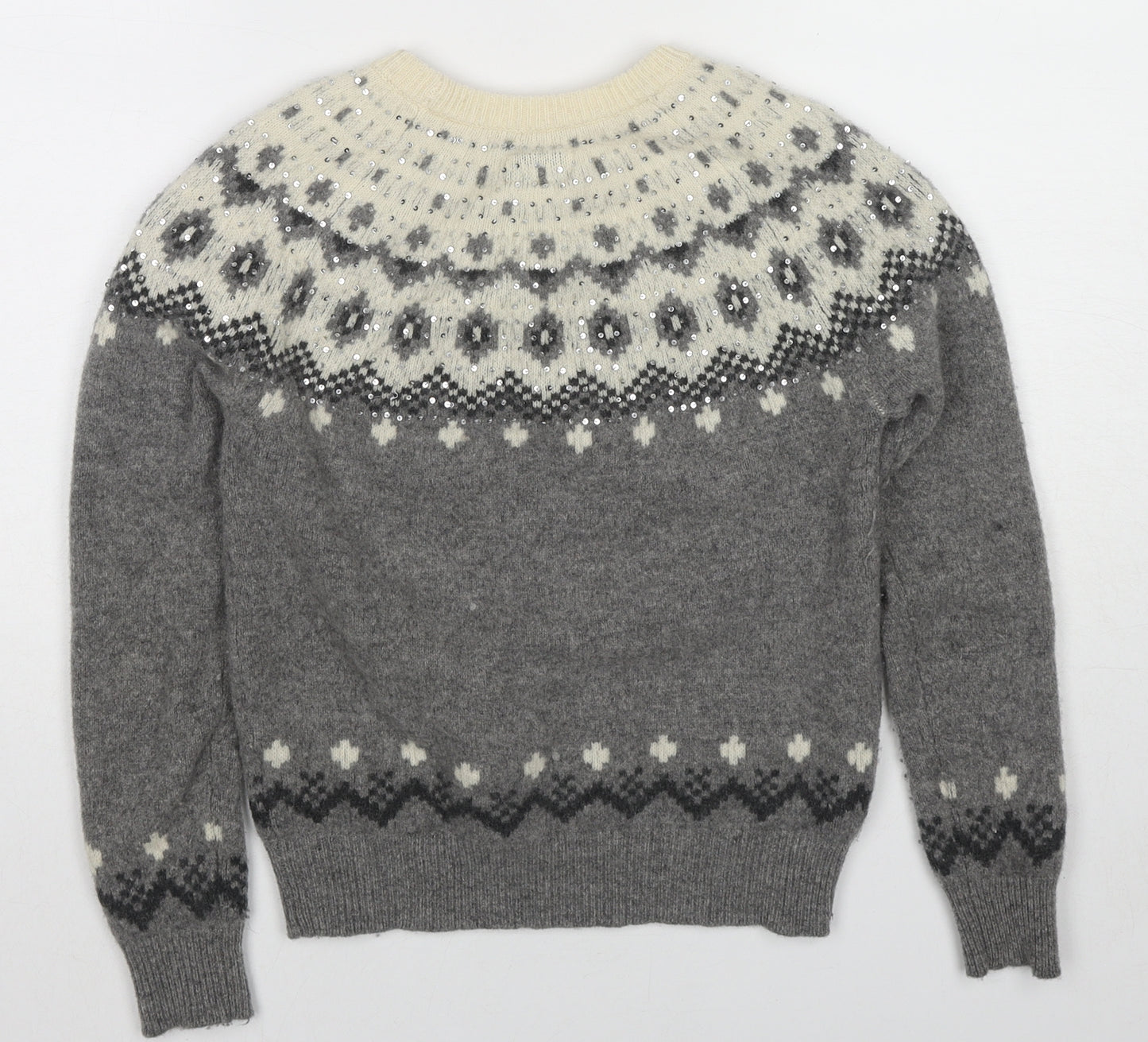 Jack Wills Womens Grey Round Neck Fair Isle Wool Pullover Jumper Size 8