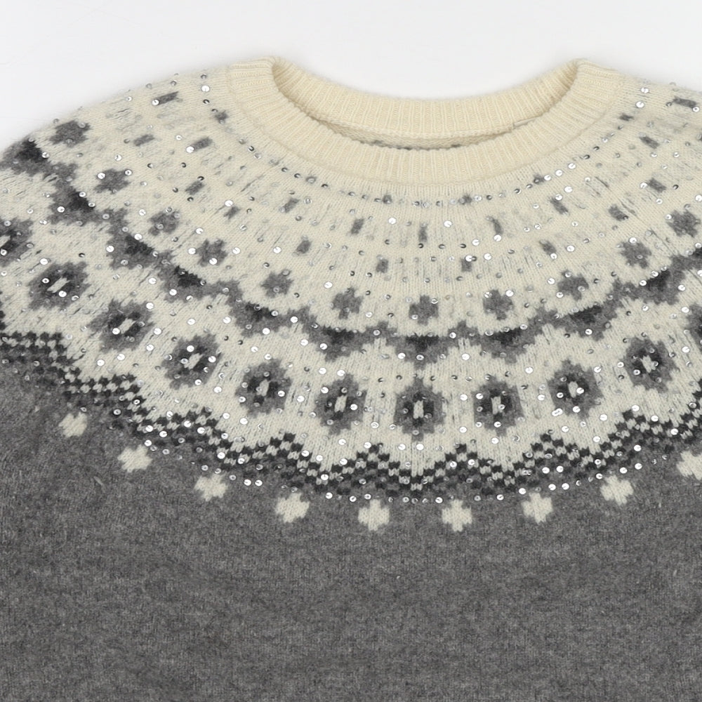 Jack Wills Womens Grey Round Neck Fair Isle Wool Pullover Jumper Size 8