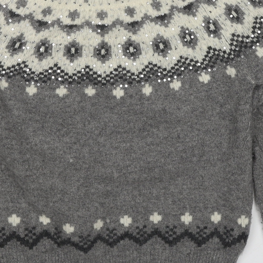 Jack Wills Womens Grey Round Neck Fair Isle Wool Pullover Jumper Size 8