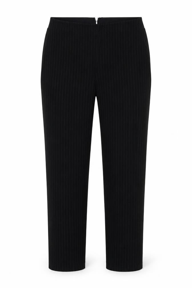Front view of H&M women’s black striped polyester trousers, size S, 27-inch leg regular zip