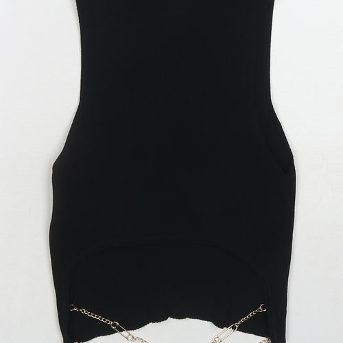 Bershka Womens Black Polyamide Basic Blouse Size L High Neck - Ribbed Chain Detail