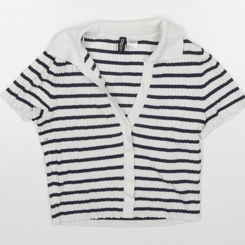 H&M Womens Blue Striped Viscose Cropped Button-Up Size XS Collared