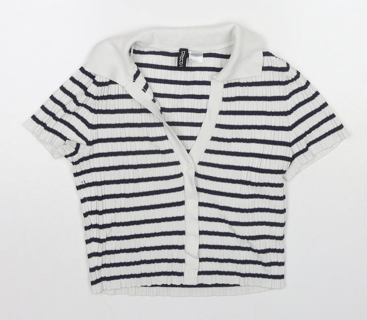 H&M Womens Blue Striped Viscose Cropped Button-Up Size XS Collared