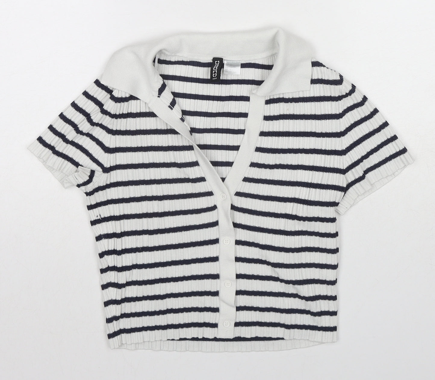 H&M Womens Blue Striped Viscose Cropped Button-Up Size XS Collared
