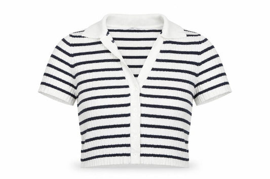 Front view of H&M women’s blue striped viscose cropped button-up, size XS, collared