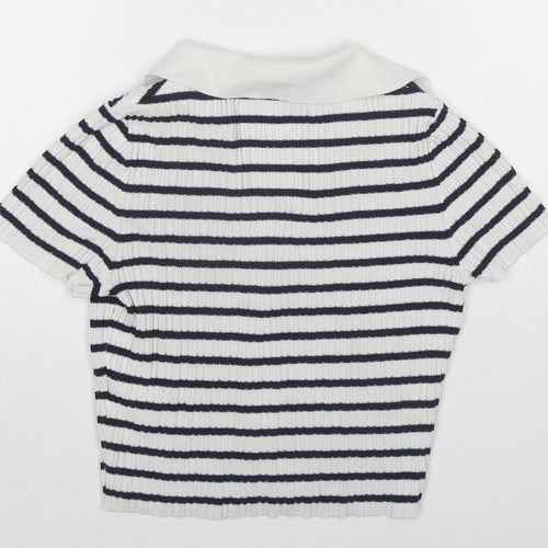 H&M Womens Blue Striped Viscose Cropped Button-Up Size XS Collared
