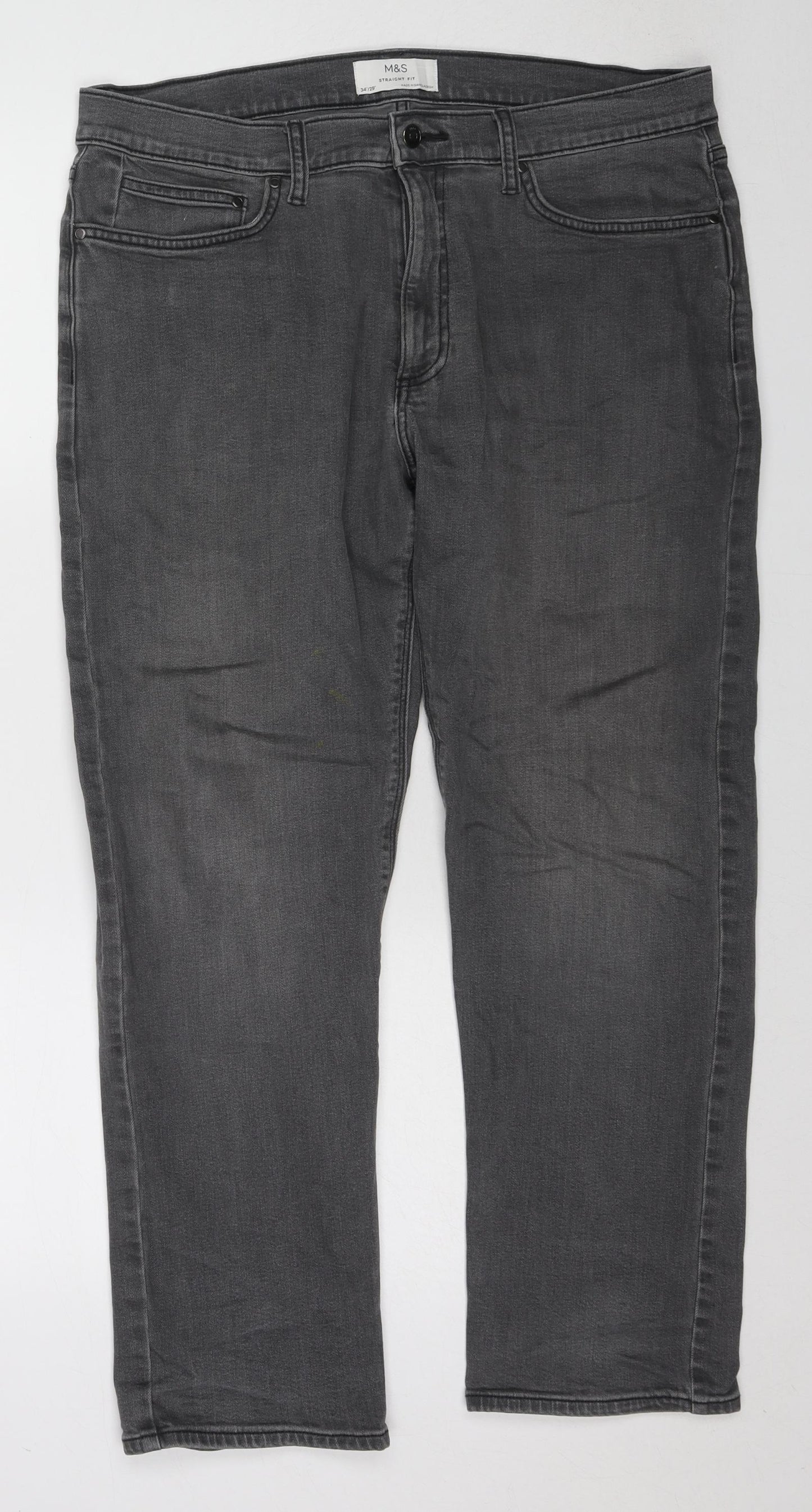 Marks and Spencer Mens Grey Cotton Straight Jeans Size 34 in L29 in Regular Zip