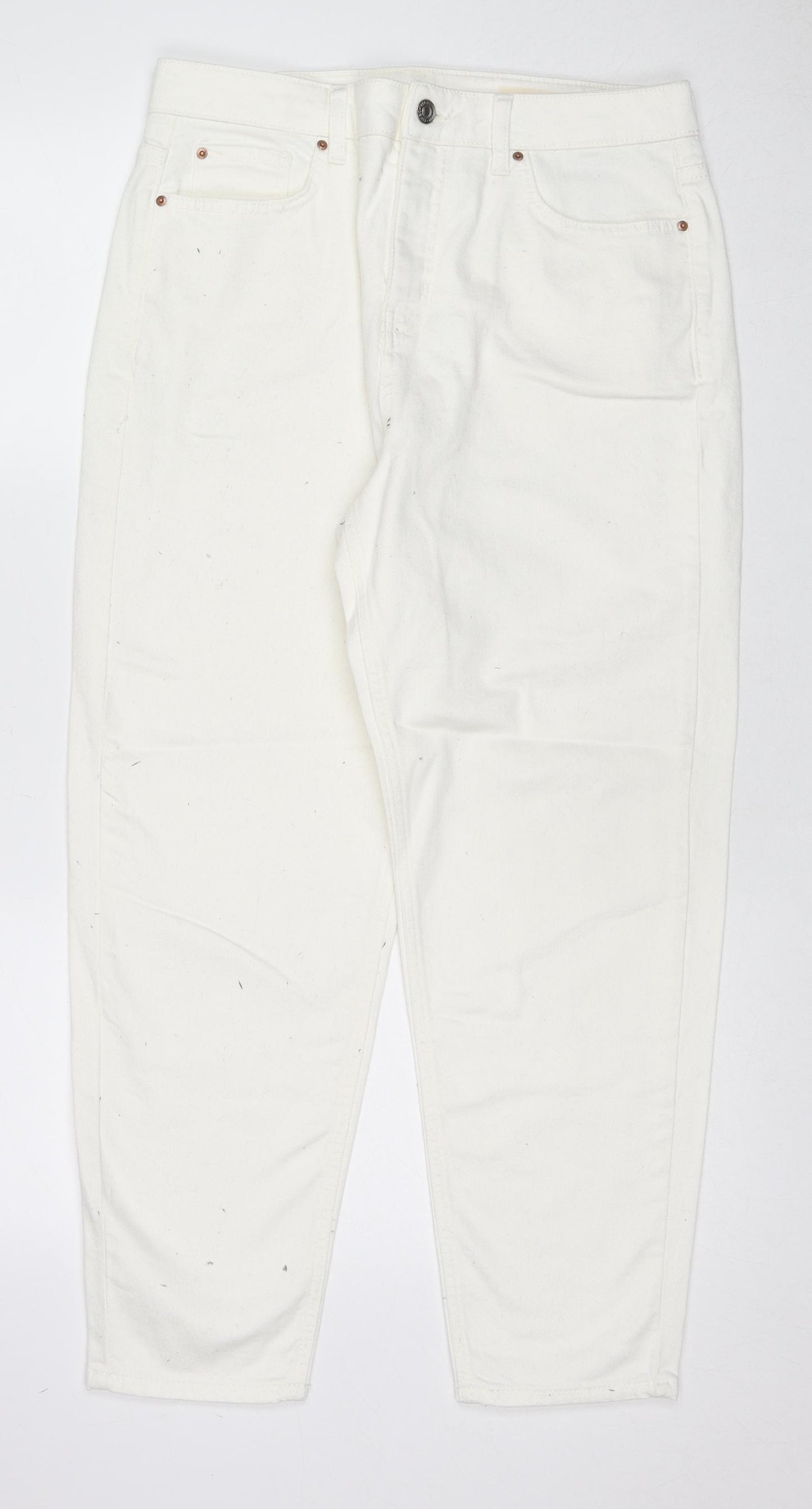 Marks and Spencer Womens White Cotton Tapered Jeans Size 14 L26 in Regular Zip