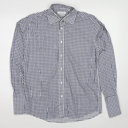 Butler and Webb Mens Blue Check Cotton Button-Up Size 16 Collared Button
