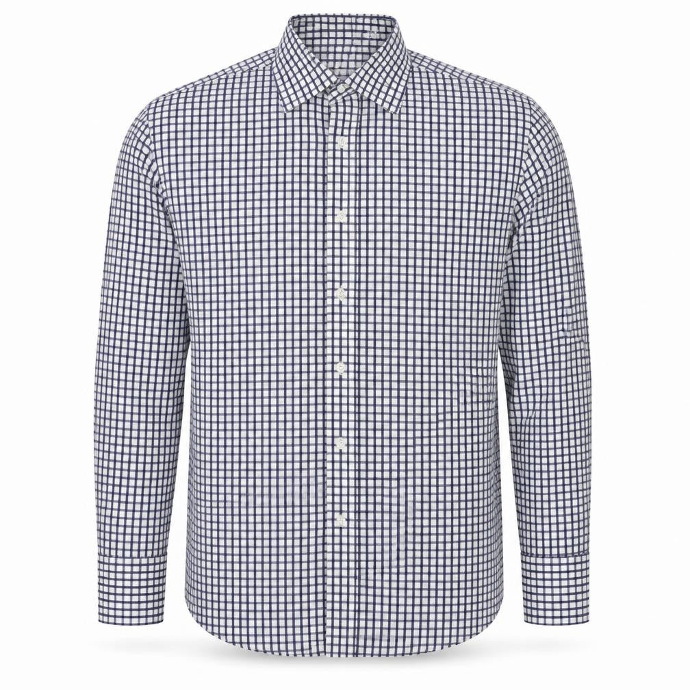 Front view of Butler & Webb men’s blue check cotton button-up, size 16, collared button