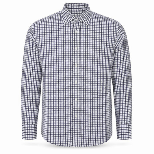 Front view of Butler & Webb men’s blue check cotton button-up, size 16, collared button