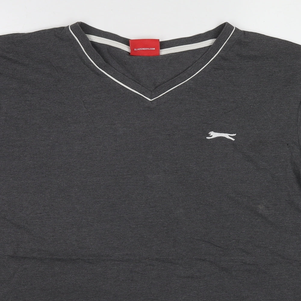 Slazenger Mens Grey Cotton T-Shirt Size XL V-Neck