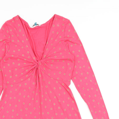 White Stuff Womens Pink Polka Dot Viscose A-Line Size 12 V-Neck Pullover - Twist Detail