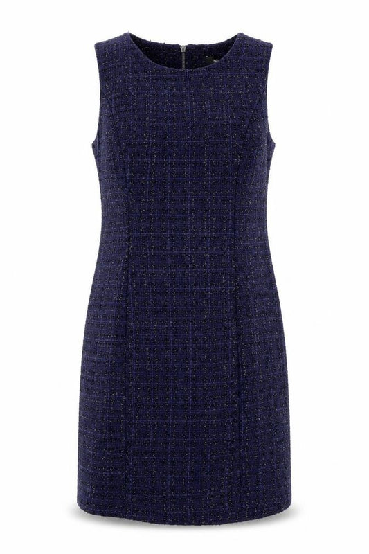 Front view of M&Co women’s blue geometric polyester shift, size UK 10, round neck zip