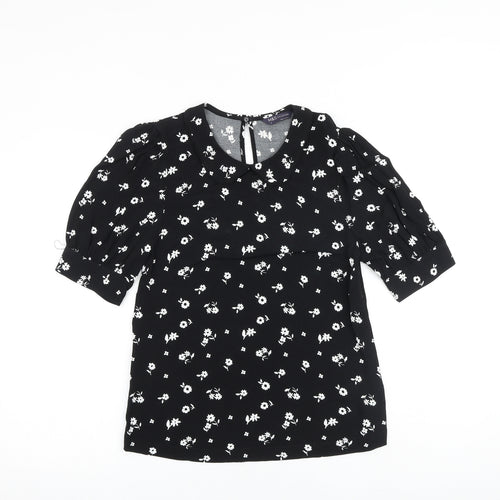 Marks and Spencer Womens Black Floral Viscose Basic Blouse Size 6 Round Neck