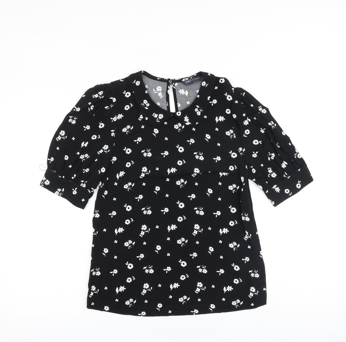 Marks and Spencer Womens Black Floral Viscose Basic Blouse Size 6 Round Neck