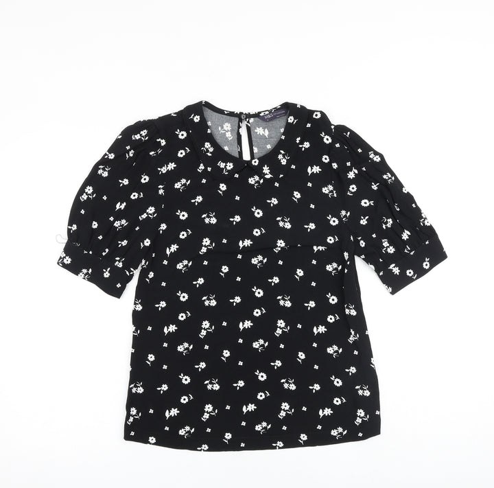 Marks and Spencer Womens Black Floral Viscose Basic Blouse Size 6 Round Neck