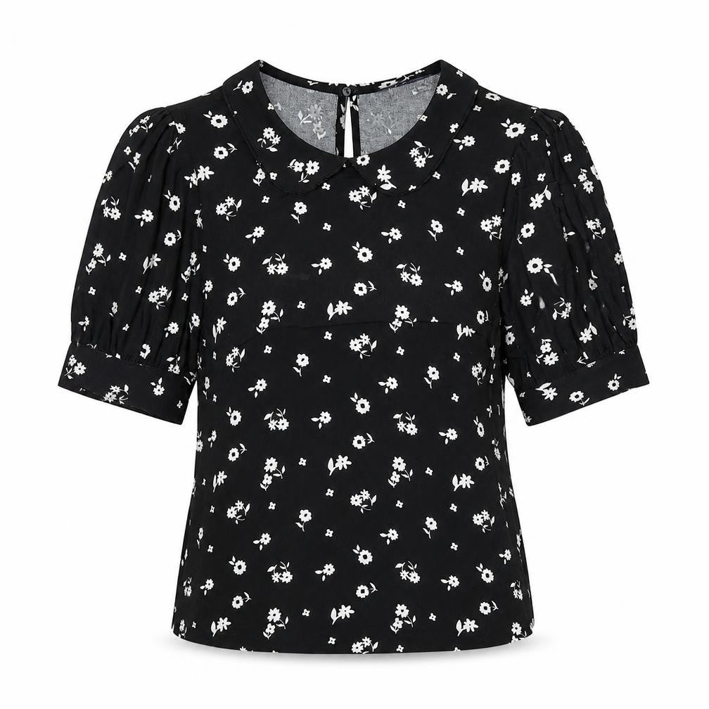 Front view of Marks & Spencer women’s black floral viscose basic blouse, size UK 6, round neck