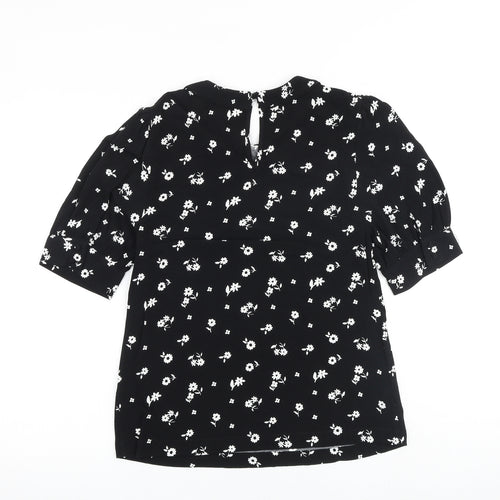 Marks and Spencer Womens Black Floral Viscose Basic Blouse Size 6 Round Neck