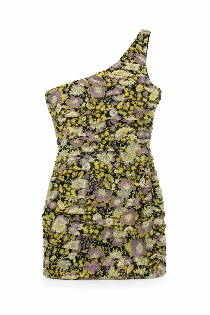 Front view of Zara women’s multicoloured floral polyester mini, size S, one shoulder zip