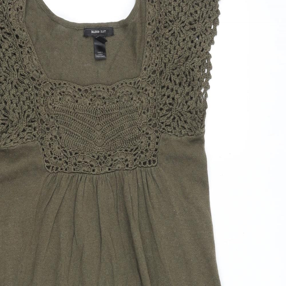 Mango Womens Green Polyester Trapeze & Swing Size M Square Neck Pullover