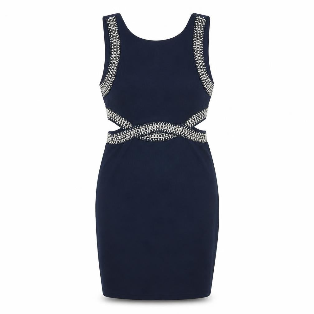 Front view of TFNC women’s blue viscose shift, size S, round neck zip