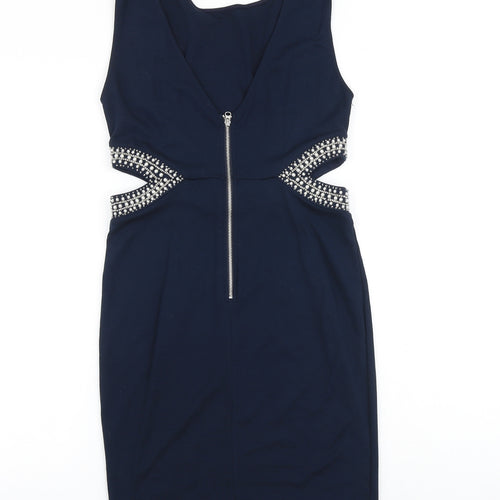 TFNC Womens Blue Viscose Shift Size S Round Neck Zip