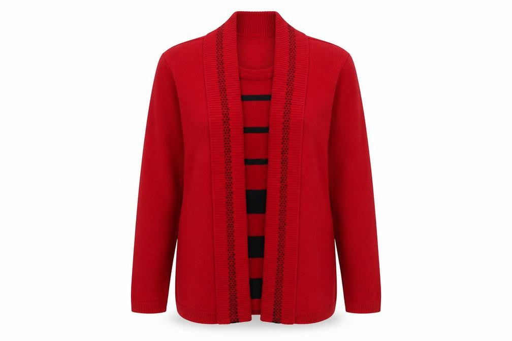 Front view of Impressions women’s red round neck striped acrylic jumper, size S, - twin set