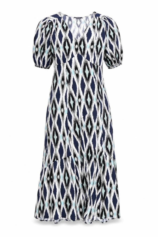 Front view of Marks & Spencer women’s multicoloured geometric viscose maxi, size UK 6, v-neck pullover