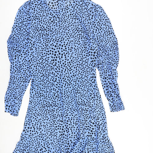 Marks and Spencer Womens Blue Animal Print Viscose A-Line Size 8 Round Neck Zip - Cheetah pattern