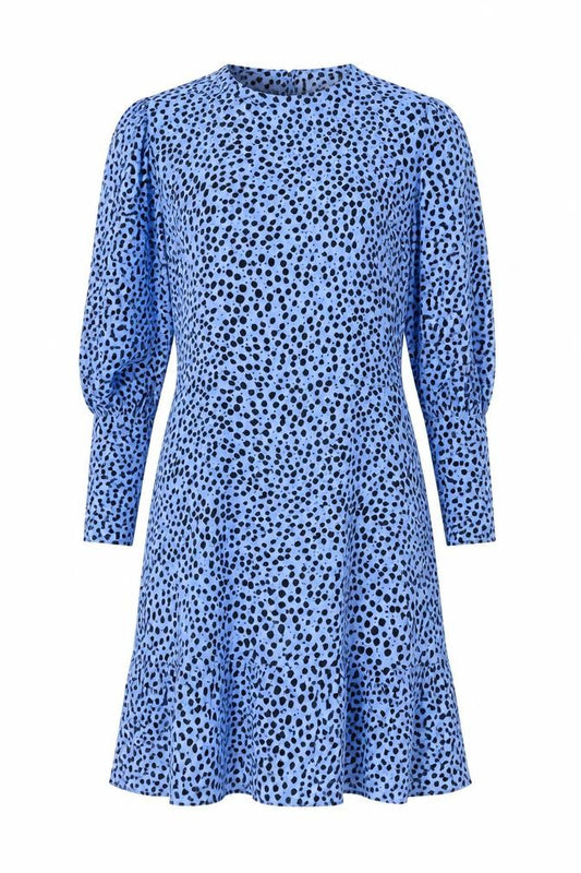 Front view of Marks & Spencer women’s blue animal print viscose a-line, size UK 8, round neck zip - cheetah pattern