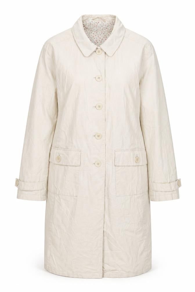 Front view of JFW women’s beige rain coat coat, size UK 10, button