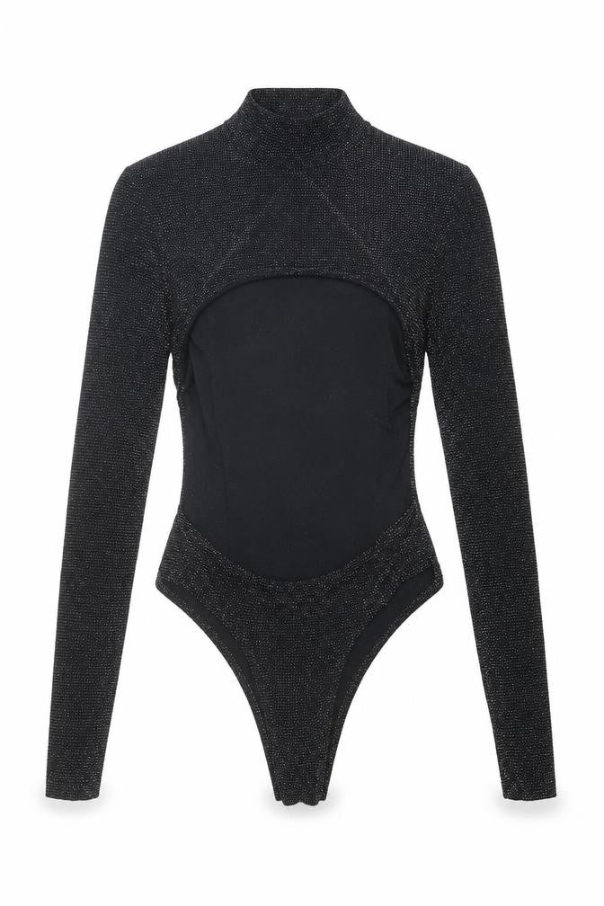 Front view of I SAW IT FIRST women’s black nylon bodysuit one-piece, size UK 8, snap - open back