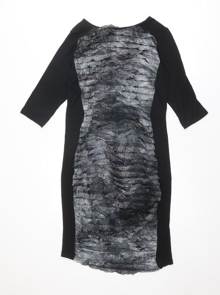 Blue Chameleon Womens Black Geometric Viscose Shift Size 14 Round Neck Pullover