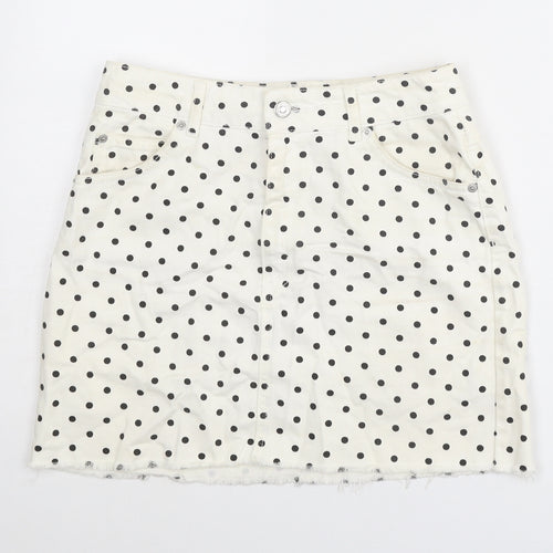 Topshop Womens White Polka Dot Cotton A-Line Skirt Size 10 Zip