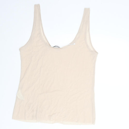 Zara Womens Beige Polyester Basic Tank Size L Round Neck