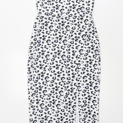 New Look Womens White Animal Print Polyester Shift Size 8 Off the Shoulder Pullover - Leopard Print