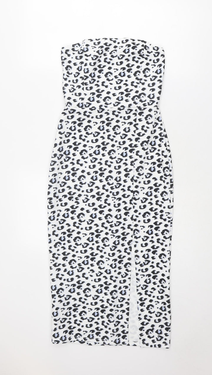 New Look Womens White Animal Print Polyester Shift Size 8 Off the Shoulder Pullover - Leopard Print