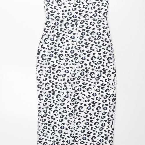 New Look Womens White Animal Print Polyester Shift Size 8 Off the Shoulder Pullover - Leopard Print