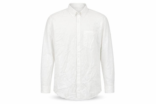 Front view of Guthrie & Valentine men’s white polyester button-up, size 15.5 collared button