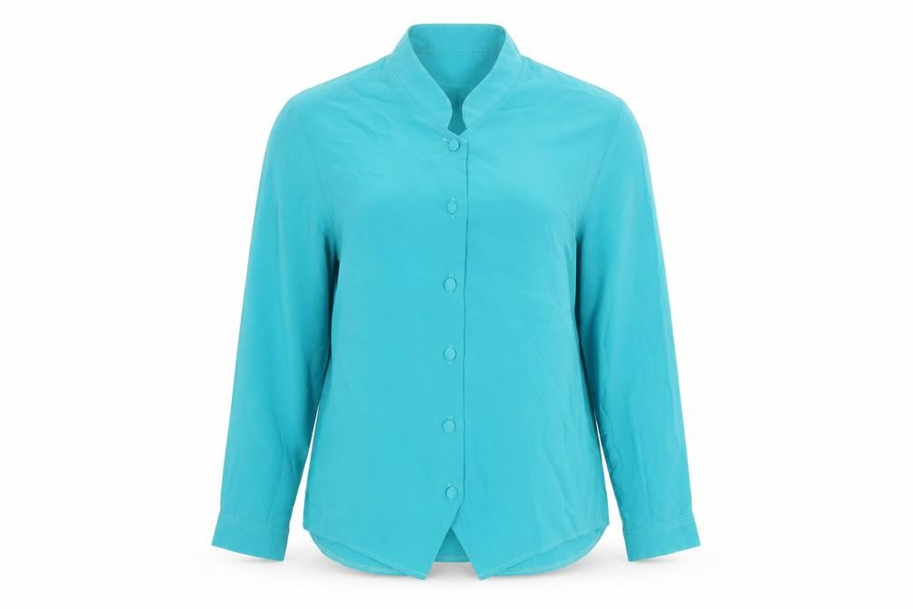 Front view of Rothmar of Scotland women’s blue polyester basic button-up, size UK 16, round neck