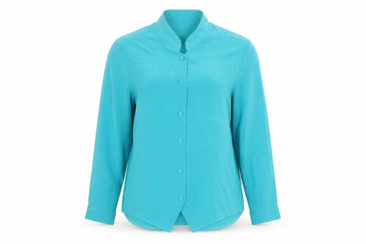 Front view of Rothmar of Scotland women’s blue polyester basic button-up, size UK 16, round neck