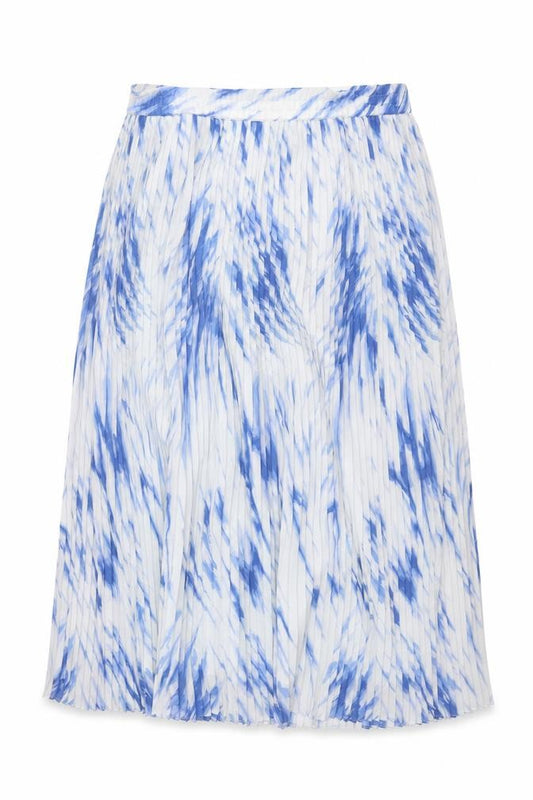 Front view of Kaleidoscope women’s blue geometric polyester pleated skirt, size UK 14