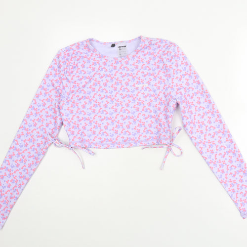 BO + TEE Womens Purple Floral Polyester Cropped T-Shirt Size M Round Neck Pullover