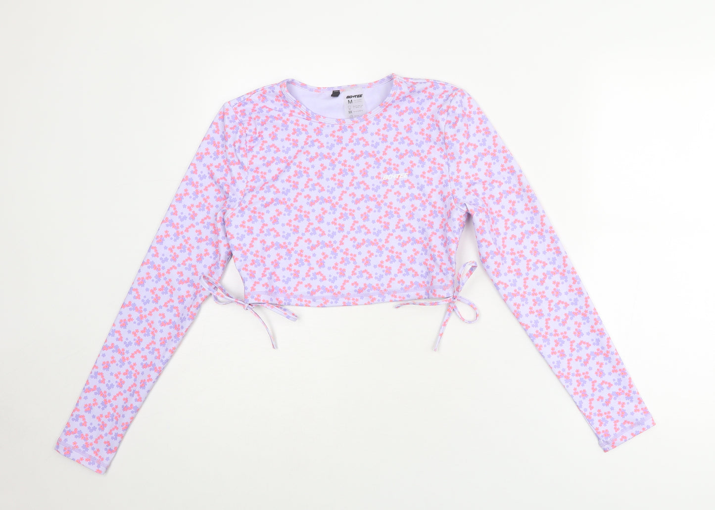 BO + TEE Womens Purple Floral Polyester Cropped T-Shirt Size M Round Neck Pullover