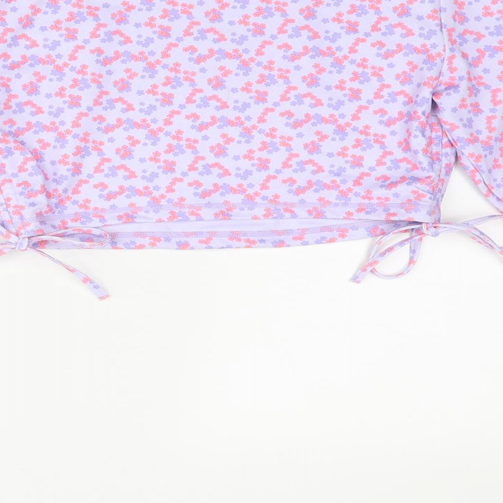 BO + TEE Womens Purple Floral Polyester Cropped T-Shirt Size M Round Neck Pullover