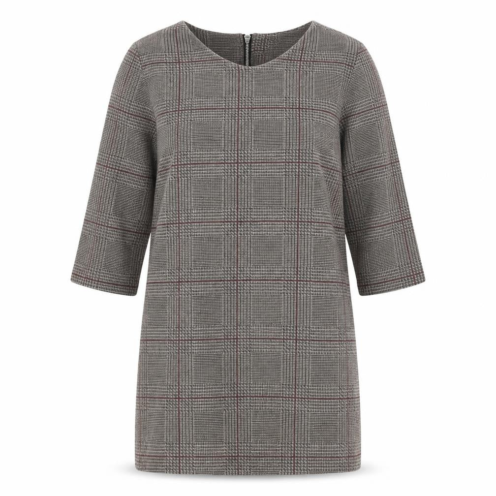 Front view of Cameo Rose women’s beige plaid polyester shift, size M, round neck zip