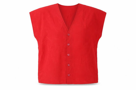 Front view of St Michael women’s red polyester basic button-up, size UK 12, v-neck